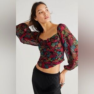 NWT Free People Oh Layla Top La La Lala Floral Crop Blouse Black Motif XS
